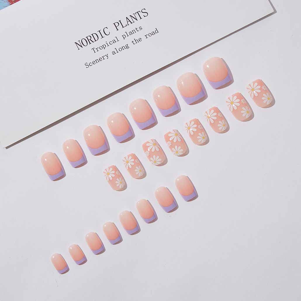 Foccna French Tip Press on Nails Medium, Purple Fake Nails Square Acrylic False Nails Flower Design,Artificial Nails for Women and Girls, 24 pcs