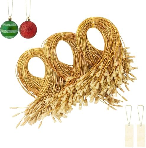 300Pcs Christmas Ornaments Hanger String, Gold Ribbon Ornament Hook Ropes Precut String, with Snaps Locking, for Xmas Ornament Hanging Decorations