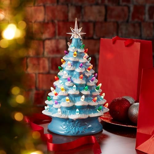 Casafield Hand Painted Ceramic Christmas Tree, Blue Snow Flocked 15-Inch Pre-Lit Tree with 128 Multi Color Lights and 2 Star Toppers