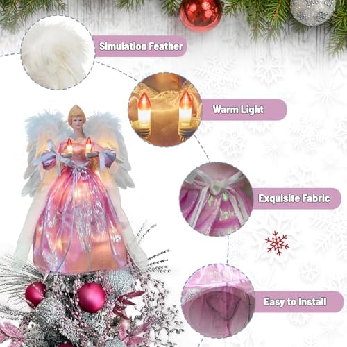 Moving Angel Tree Topper with Lights, 12’’ Pink, Separately Controlled Flapping Wings and Bright LEDs, 6 On / 18 Off Hours Cycle
