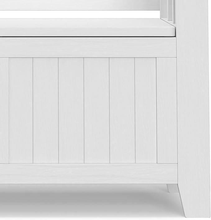 SIMPLIHOME Acadian Entryway Storage Bench - 36 inch Wide Solid Wood Small Hallway Seat in White, Transitional Bench for Mudroom or Entryway with Lift-Up Lid, 2 Compartments and Slatted Backrest
