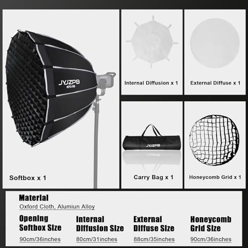 JYJZPB 35.4"/90cm Parabolic Softbox 16 Umbrella Bones with Diffusers/Honeycomb Grid/Bag Quick Release Softbox Bowens Mount Compatible for Professional Photography Studio Speedlight, COB Lights