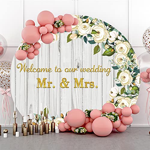 Yeele 7x7ft Mr & Mrs Wedding Round Backdrop Wooden Texture White Rose Floral Photography Background Bride and Groom Engaged Ceremony Anniversary Bridal Shower Party Supplies Photo Booth Props - size: 7x7ft-Diameter