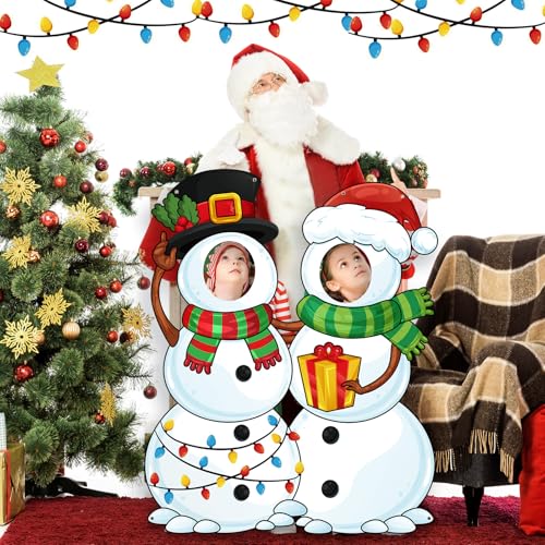 WovWeave Snowman Christmas Photo Booth Fabric Banner with Two Face Cutouts, 55" x 44" Holiday Party Decorations, Winter Backdrop, Festive Snowman Props for Christmas Party Supplies - style: Snowman