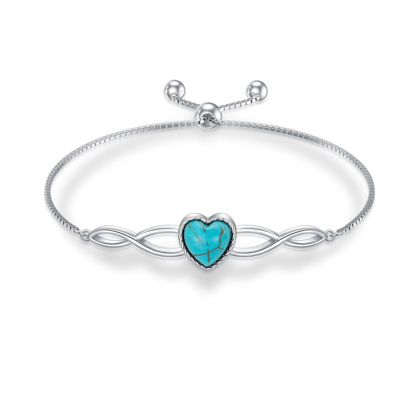 DOLIOX Genuine Heart Turquoise Adjustable Bracelet for Women with Infinity 925 Sterling Silver Box Chain Jewelry 6.5 to 7.5 Inch