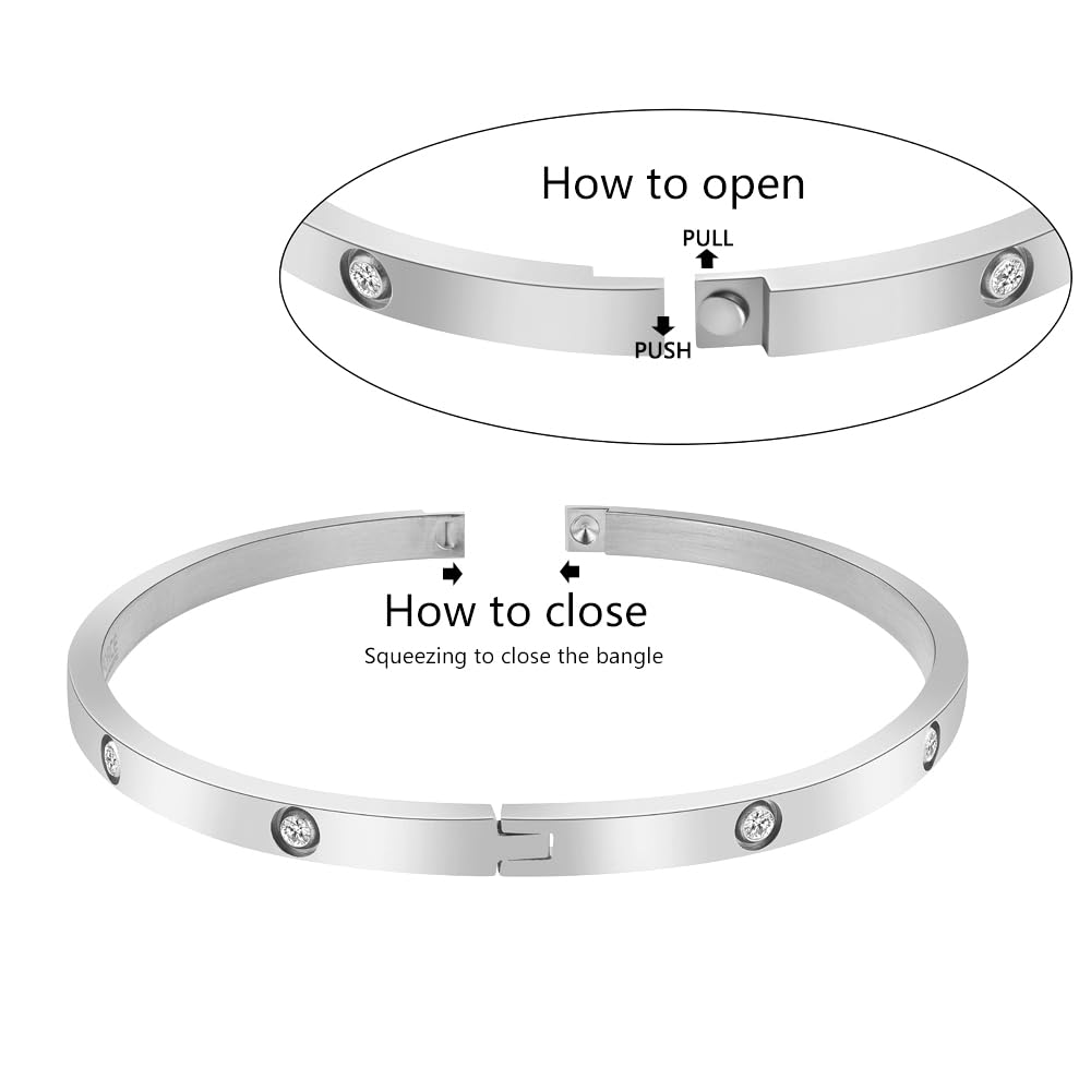 Edforce Stainless Steel 4mm Width Thin Love CZ Bangle Bracelet for Women (Silver)