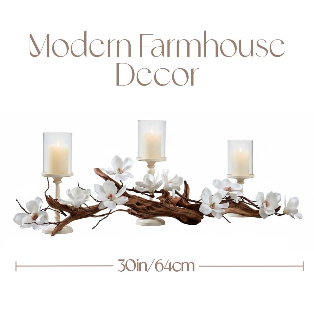 Magnolia Vine Driftwood FarmhouseTable Centerpiece - 3pc Candle Holder Set - Floral Table Decor for Dining Room, Living Room, Mantle & Weddings (Ivory)