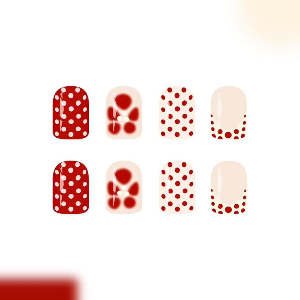 Short Press on Nails Square - Red Fake Nails with Polka Dot Design - Flower Full Cover Stick on Nails - for Women Winter Manicure 24 Pcs
