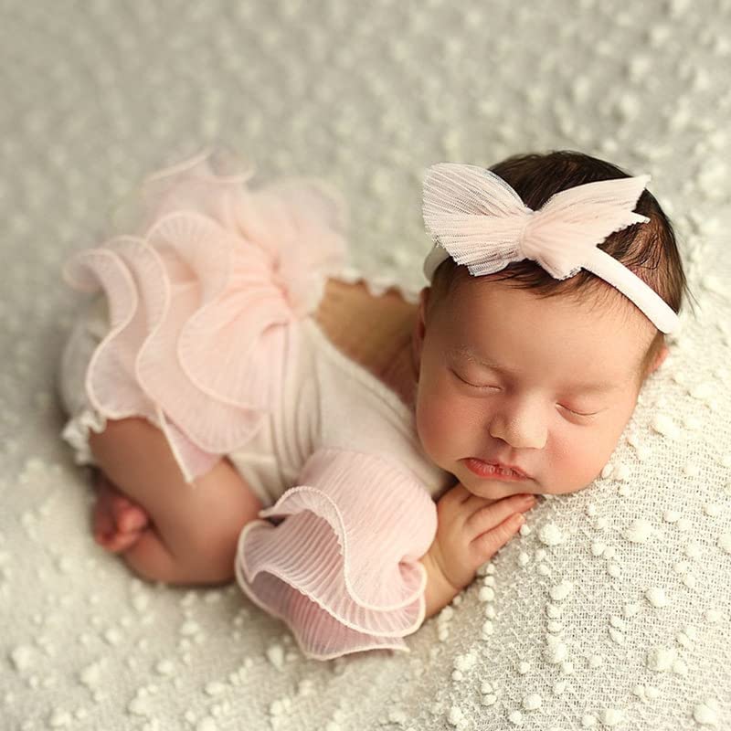 Newborn Photography Outfits Girl Baby Photography Props Lace Romper With headband Baby Photo Outfits Girls Photo Props - color: Beige