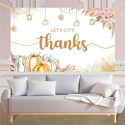 AIBIIN 8x6ft Let's Give Thanks Backdrop Happy Thanksgiving Party Background Boho Floral Pumpkins Friendsgiving Party Decorations Banner Photo Studio Props - size: 8x6ft