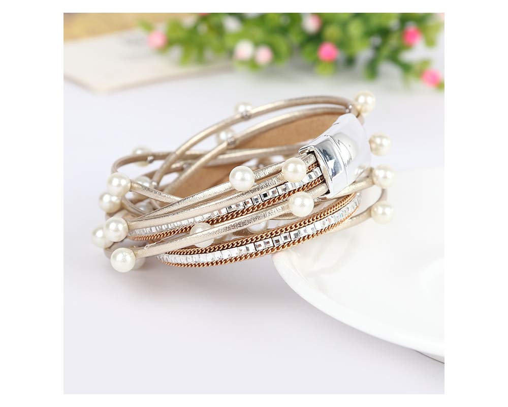 Fesciory Leopard Bracelet for Women, Boho Leather Wrap Multi-Layer Pearl Crystal Bracelet Bangle Jewelry(Pearl)