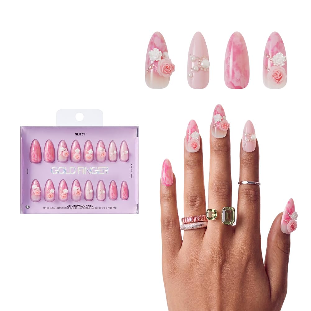 Glitzy 3D Handmade Press On Nail Kit, Rhinestone Gem Cloudy Pink Rose Long Almond False Nail, Reusable & Lasts Up To 2 Weeks, Seamless Snug Fit Technology, Includes Glue, File & 28Pcs Manicure Set