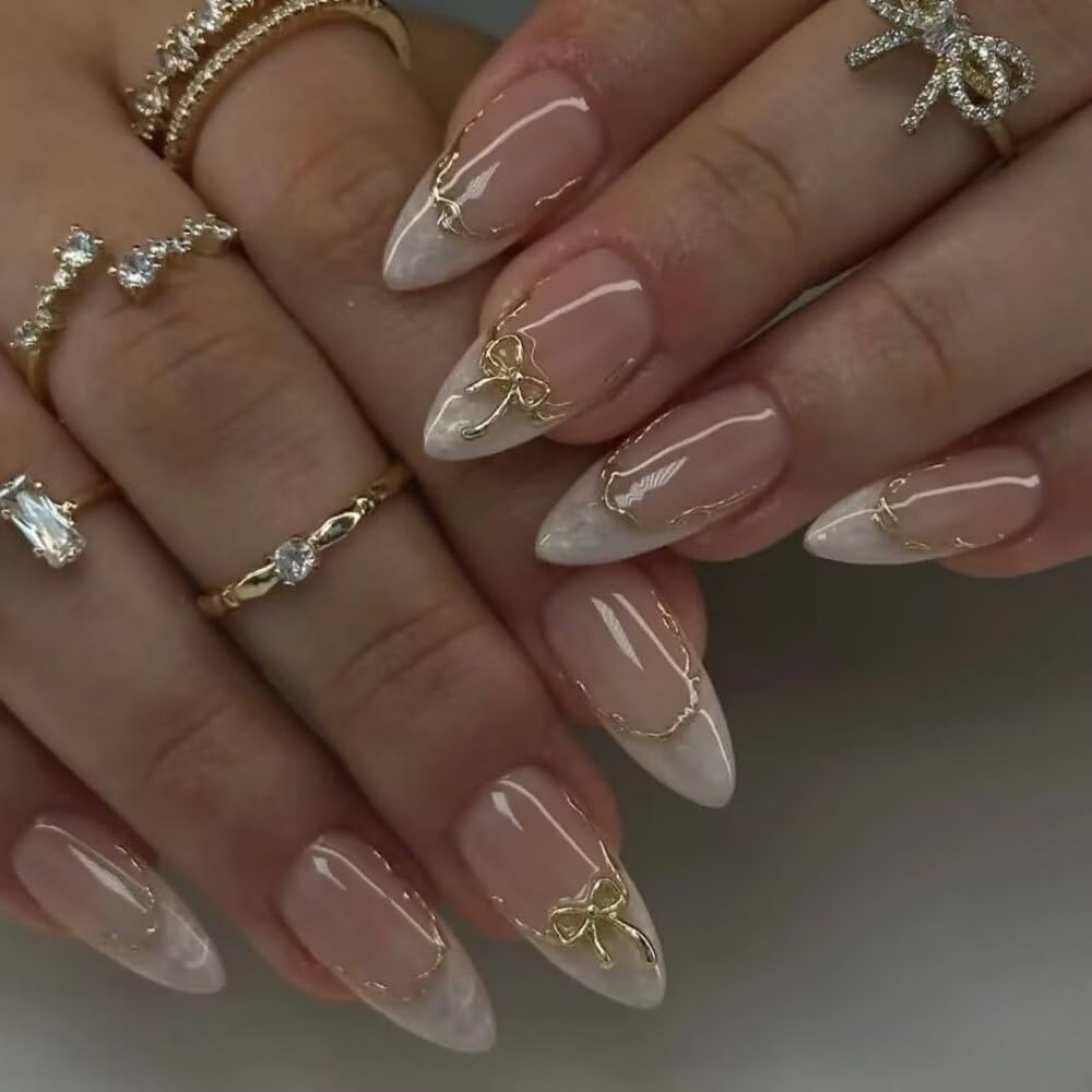 MAGLFELL Press On Nails Almond Shape Hnadmade Fake Nails, Acrylic Nails Cute Bow French Reusable Artificial Almond False Nails for Women (Size M)