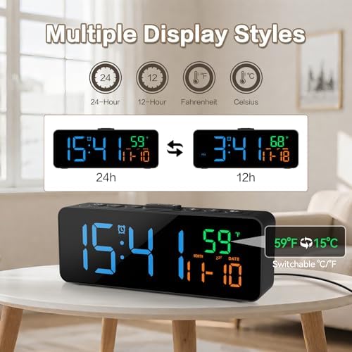 Netzu 3-in-1 Digital Clocks for Living Room, Small & Compact Alarm Clock | Temperature, Date & Time Display, 4 Birghtness, 3 Volumes, Plug-in, for Bedroom, Office