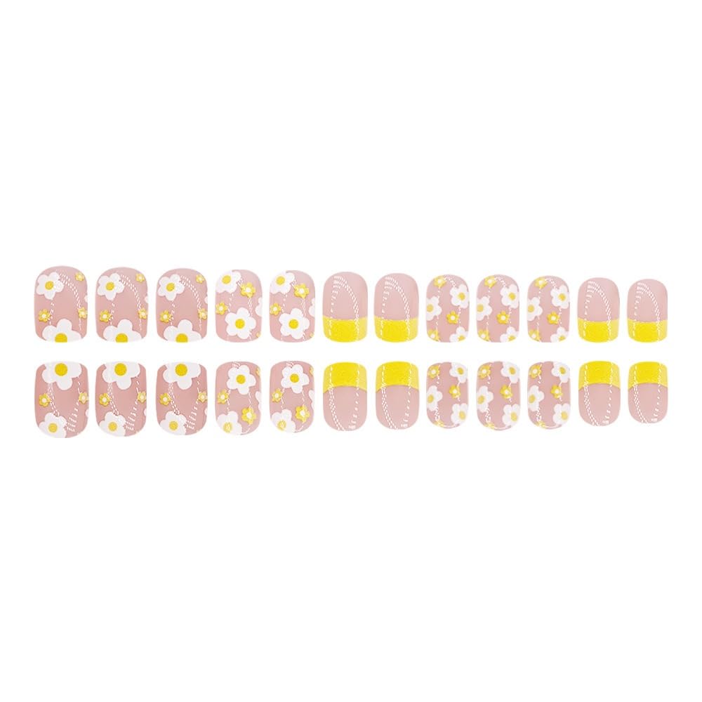 French Tip Press On Nails Short Square Fake Nails Spring False Nails With Flower Design Summer Press Ons Acrylic Full Cover Glue On Nail Stick On Nail For Women Manicure 24pcs