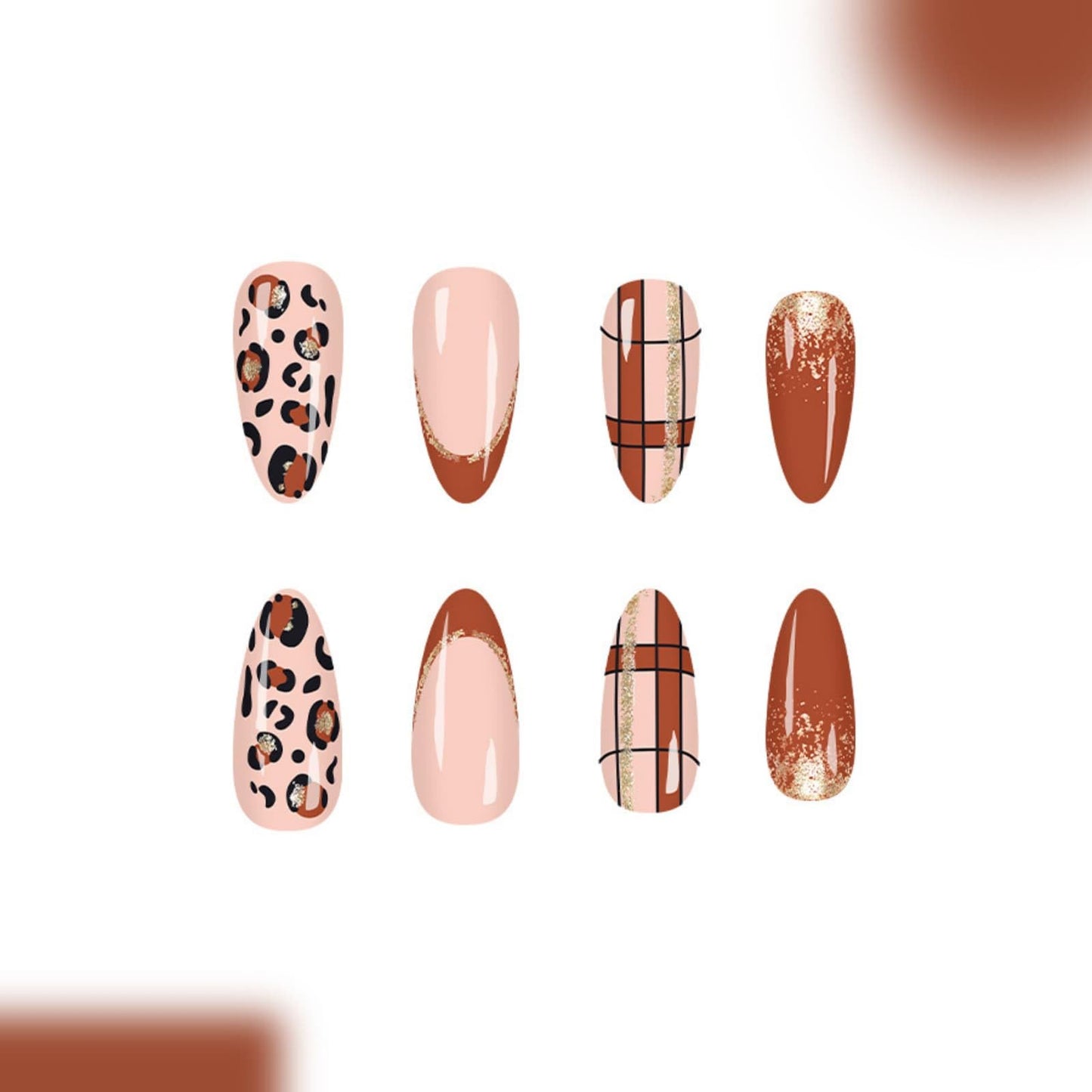 Medium Almond Press on Nails Brown Leopard Print French Tip Fake Nails Gold Glitter Leopard Print Designs Full Cover Acrylic Nails Removable Artificial Stick on Nails for Women 24 Pcs