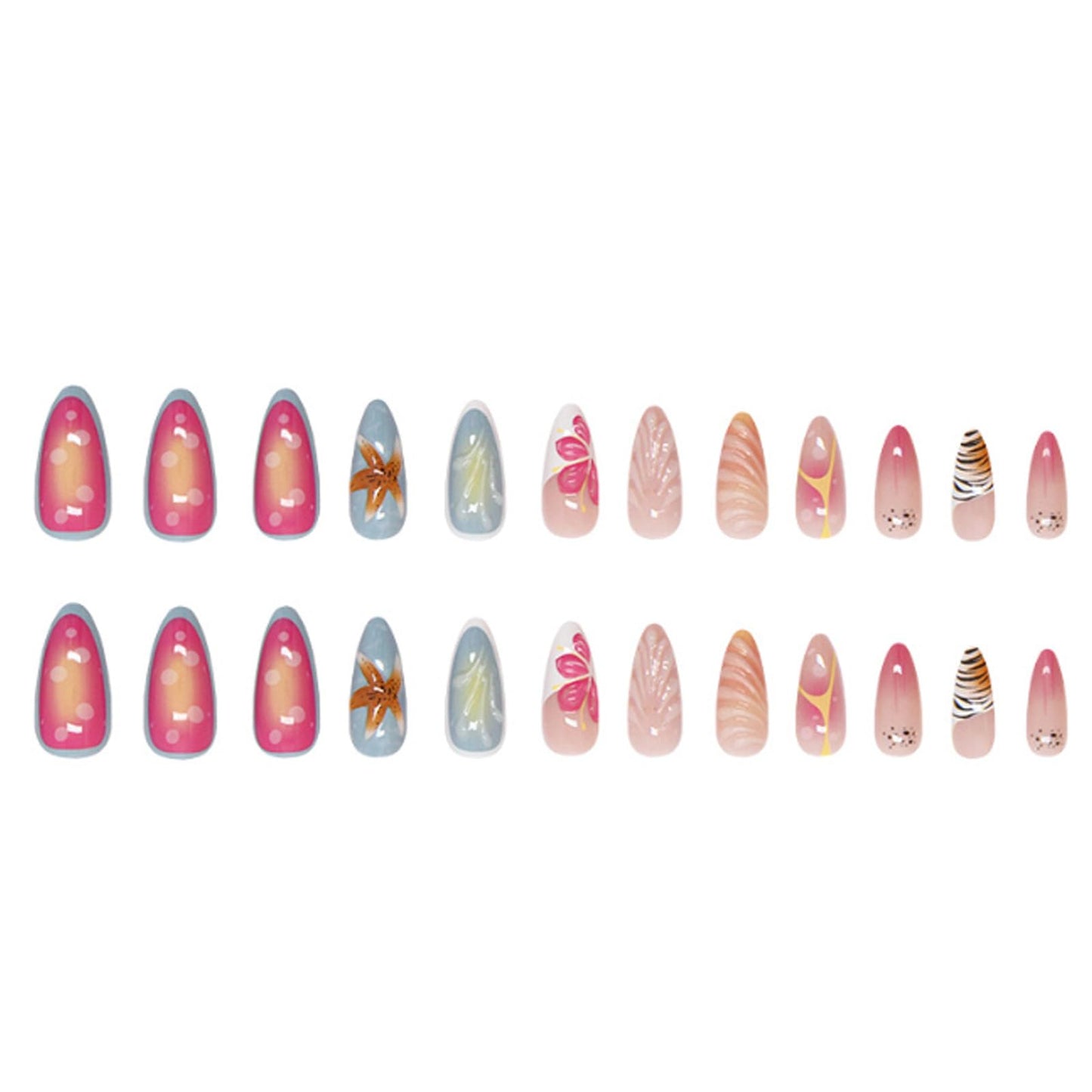 Hkanlre Almond Fake Nude Nails Tips Full Cover False Medium Nails Summer Flower Press on Nails for Women 24PCS