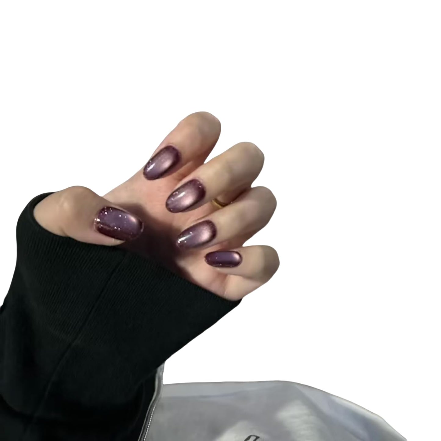 Cat Eye Press on Nails Handmade Short Oval/Square/Round False Nails with French Tip/Aurora/Magnetic Shimmer Designs (Shimmer#Oval Plum, Medium)