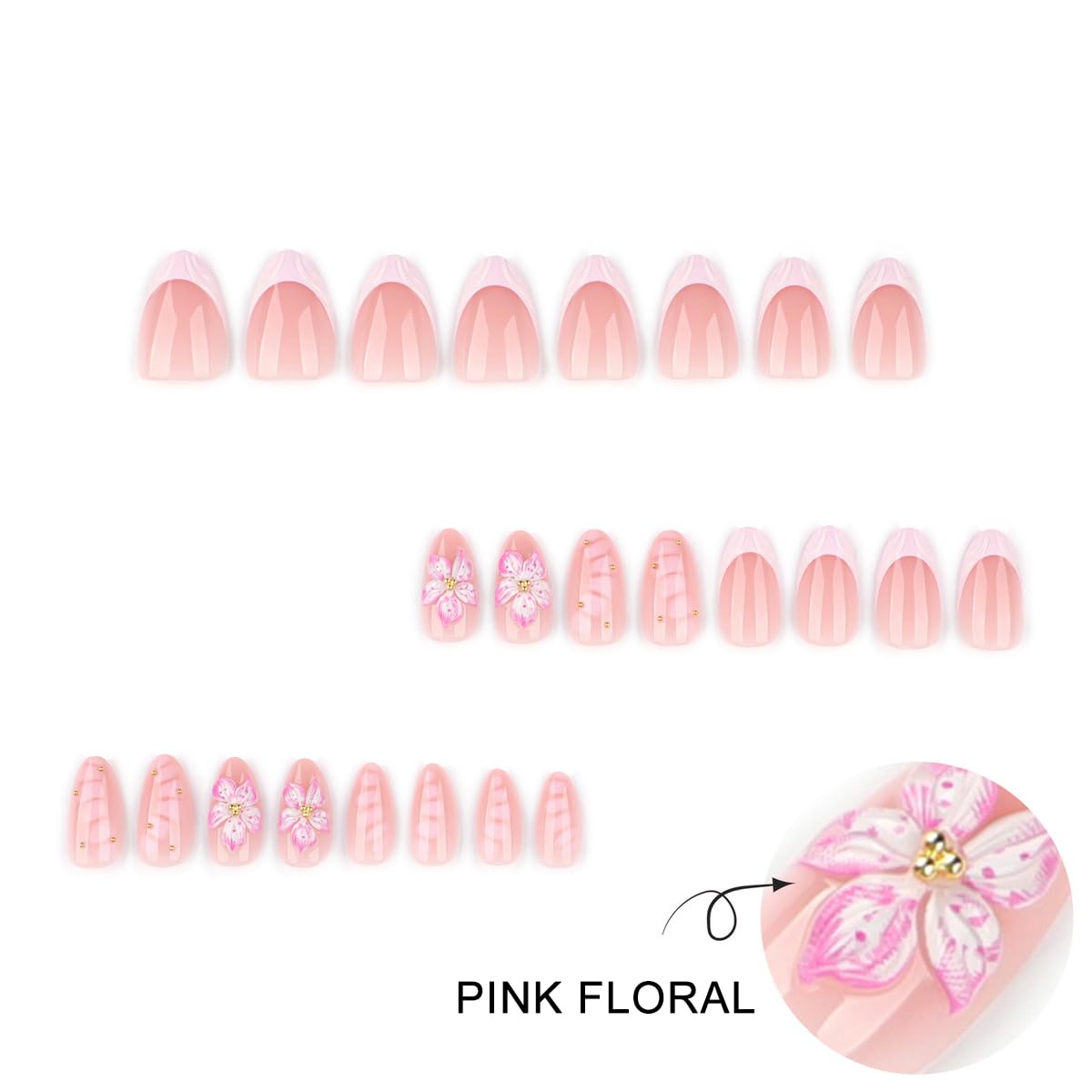 Short Almond Press on Nails Pink Flower Fake Nails Spring Summer Nails Press ons with Design,Reusable Artificial Nail Full Cover Stick on Nails for Women Manicure 24Pcs