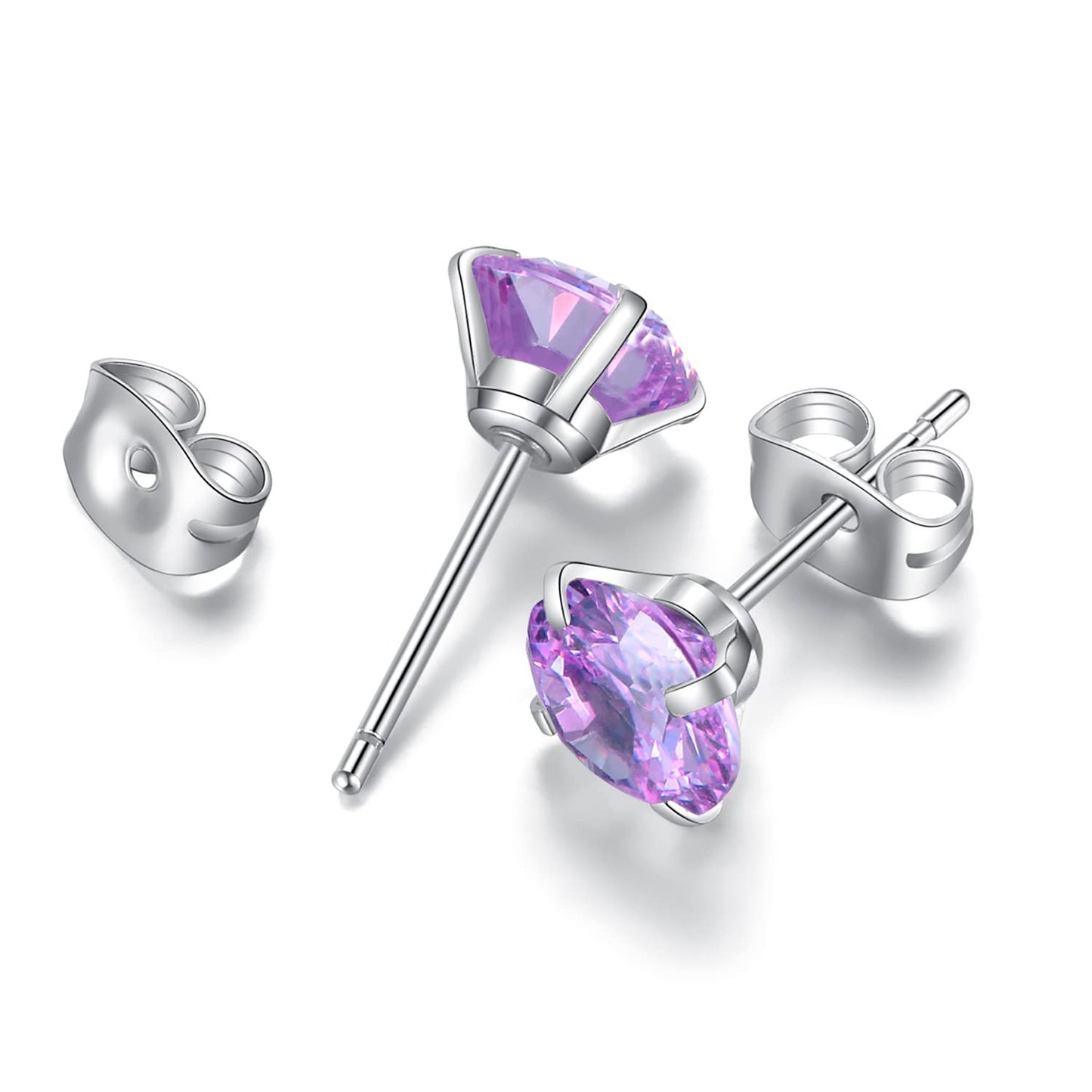 6 Pairs Stud Earrings Set, Hypoallergenic Cubic Zirconia Earrings 316L Stainless Steel CZ Earrings 3-8mm (Purple CZ)