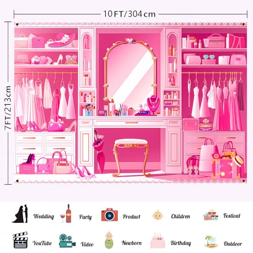 HANYING Pink Princess Cloakroom Backdrop,10x7ft Cartoon Girly Vanity Table Makeup Photography Background,Girls Birthday Baby Shower Photo Backdrop,Portrait Studio Props,HY0137YL - size: 10x7ft