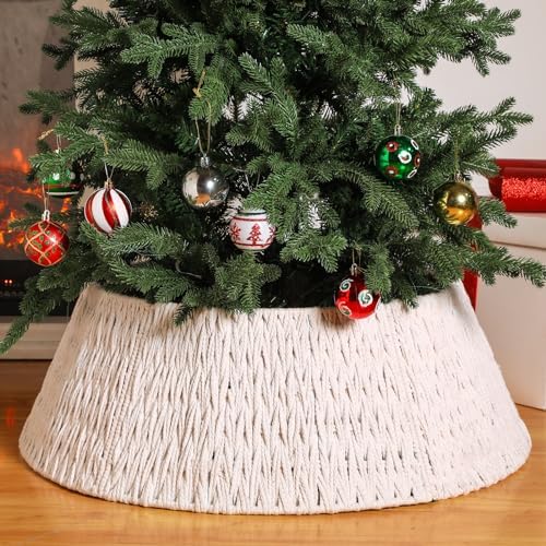 Preboun 28" Boho Christmas Tree Collar White Woven Farmhouse Skirt