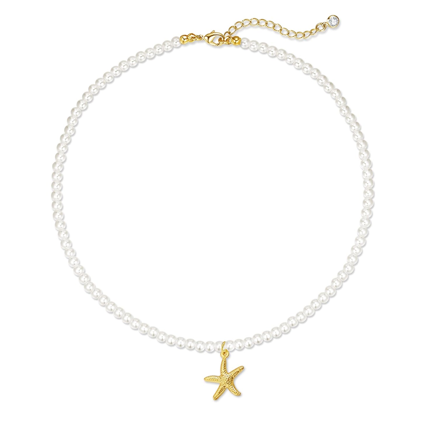 Zeffy Starfish Pearl Necklace for Women, 4MM Dainty Pearl Choker Necklace Summer Beach Jewelry Wedding Simple Bridesmaid Jewelry Gifts