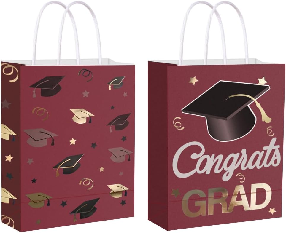12 Pieces Graduate Gift Bags, Graduation Party Favor Gifts Wrapping Bags for Graduation Season Theme Party Supplies Decoration (Red Gold)
