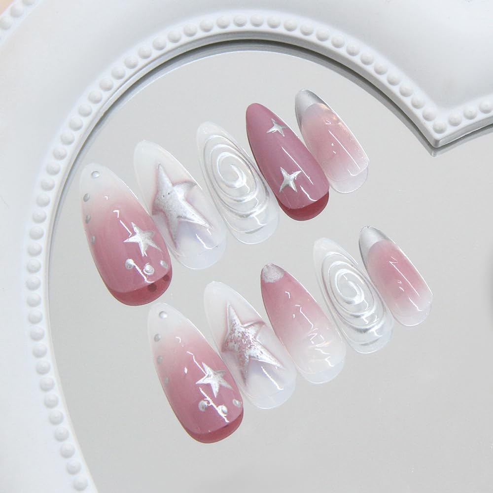 24 Pcs Summer Press on Nails Short Almond,MINGCHUN Pink Fake Nails Press ons Acrylic Nail Art Tips Kit Full Cover False Nails Glue on Nails with 3D Texture Star Circle Design for Women Nail Supplies