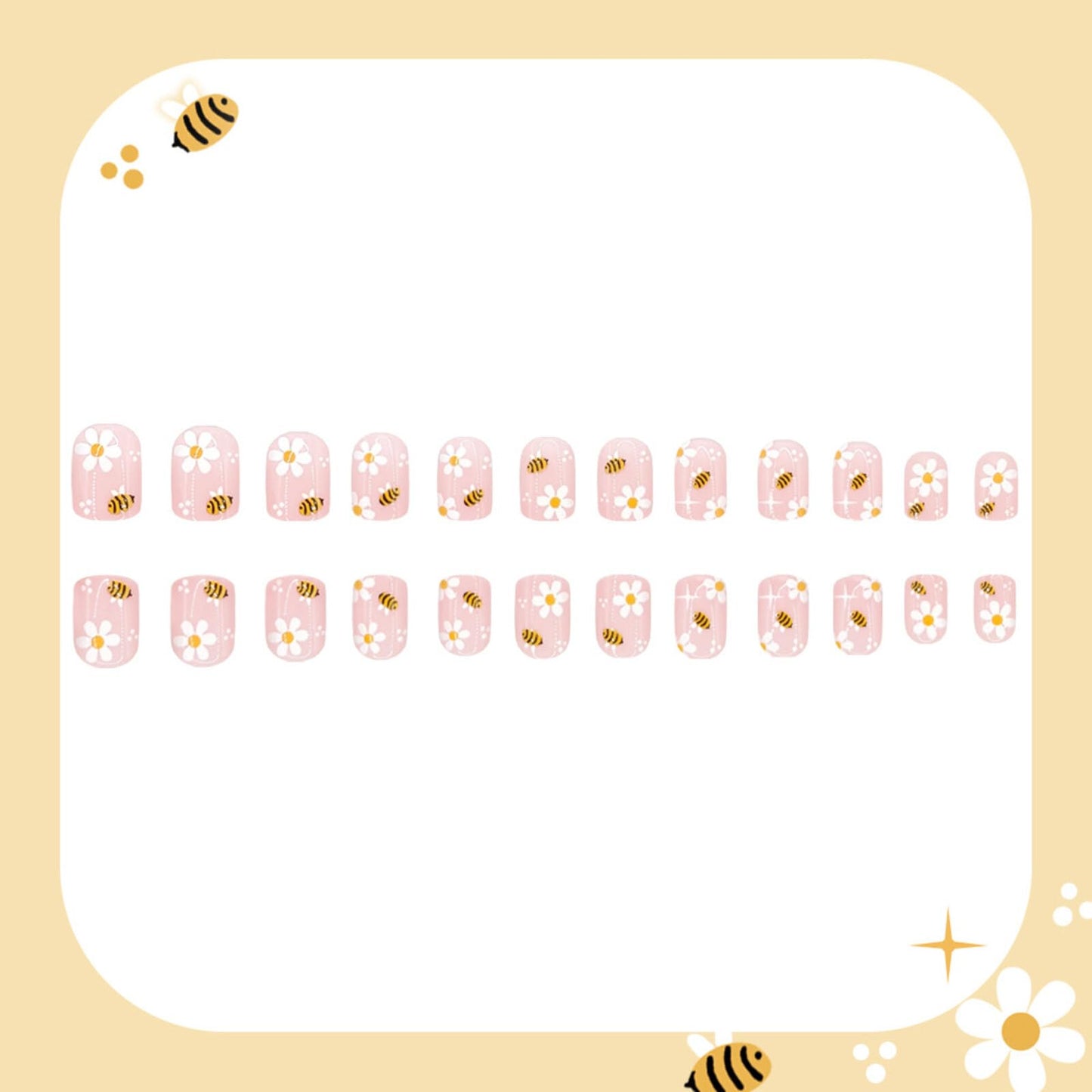 Bee Daisy Press on Nails Short Square Design Soft Nude Base with Cute Daisy Flower Patterns Glossy Finish Reusable Spring Summer Floral Stick on Nails Suitable for Casual Looks Artificial Nails 24 Pcs