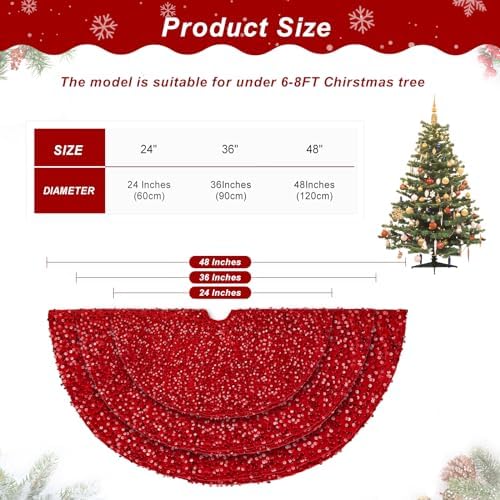 Red Glitter Tree Skirt 24 Inches Sequin Embroidery Velvet Christmas Tree Skirt for Table Top Porch Mini Tree Decoration