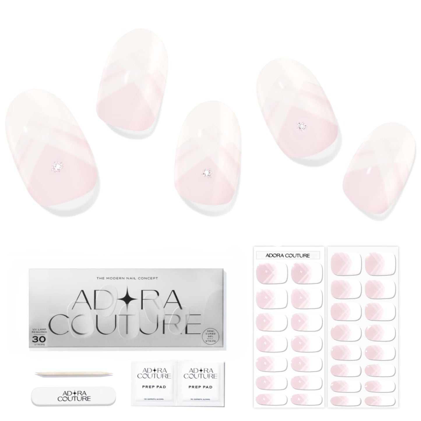 Adora Couture Semi Cured Gel Nail Strips with 30 Pieces - Salon Quality Manicure Kit for Women Easy Application Wraps Includes Prep Pads Nail File Wooden Stick, UV Light Required (Modern French)
