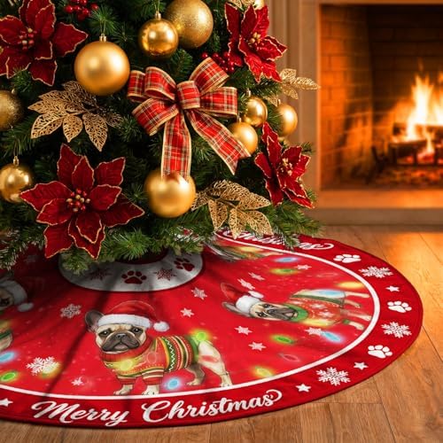 French Bulldog Christmas Tree Skirt 48 Inch for Indoor Outdoor Decorations