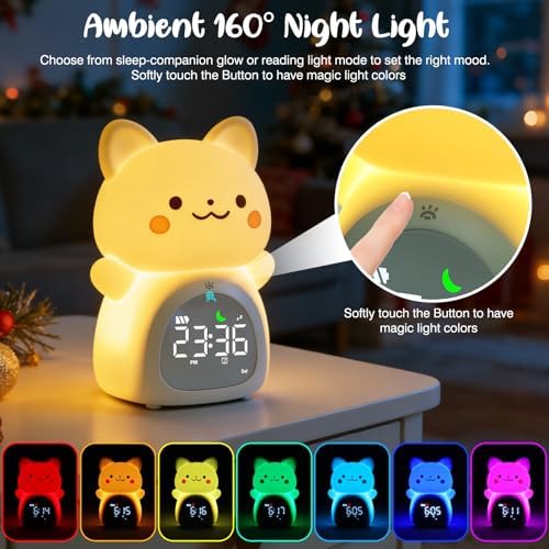 Cat Alarm Clock for Kids, Rechargeable Ok to Wake Clock with Night Light - BPA-Free Silicone Sleep Training Clock, Cute Toddler Wake Up Clock for Boys Girls Bedroom