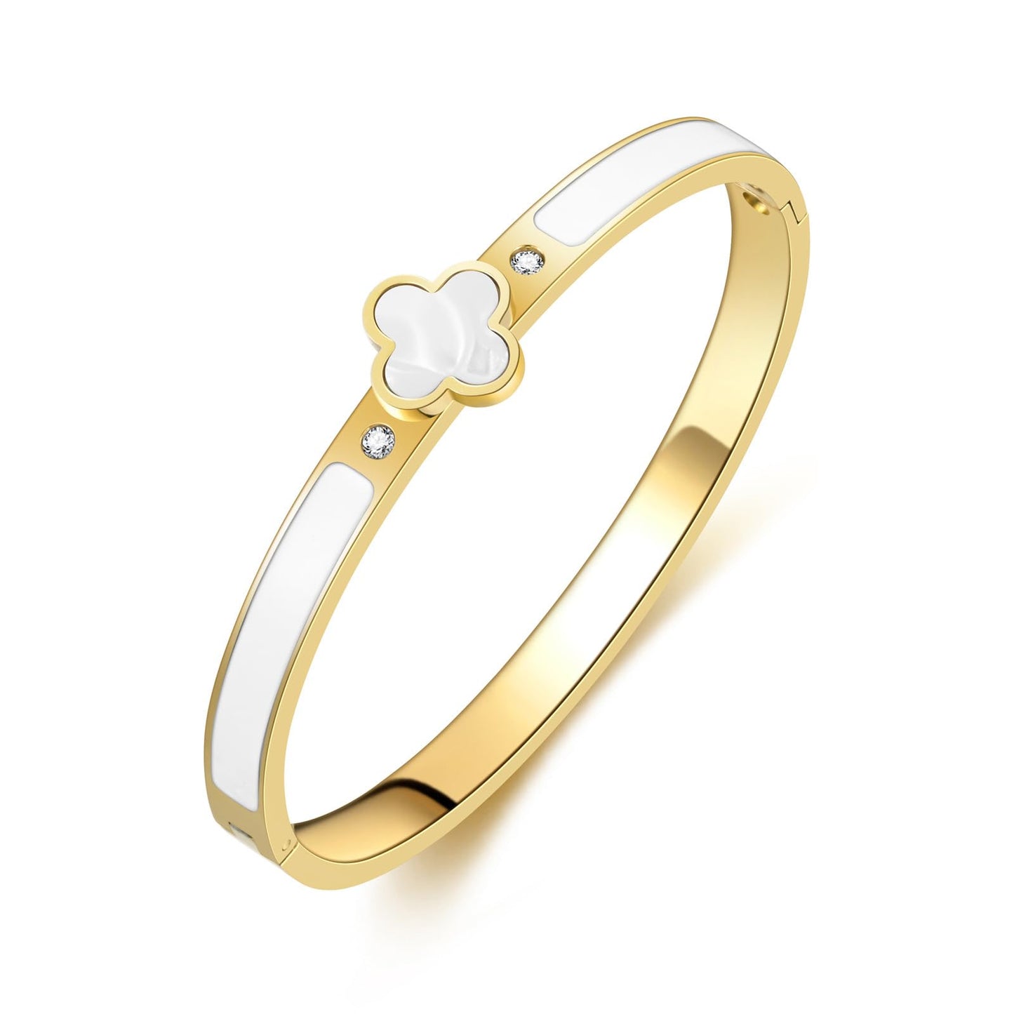 KYJAC 18k Gold Plated Stainless Steel Four Leaf Clover Bracelet for Women - Non-Tarnish, Precision Polished Chunky Oval Bangle in Black, White, Pink, Red Clover Bangle