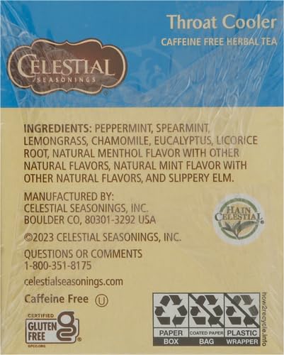 Celestial Seasonings Throat Cooler Herbal Tea, Caffeine Free, 16 Tea Bags Box (Pack of 2)
