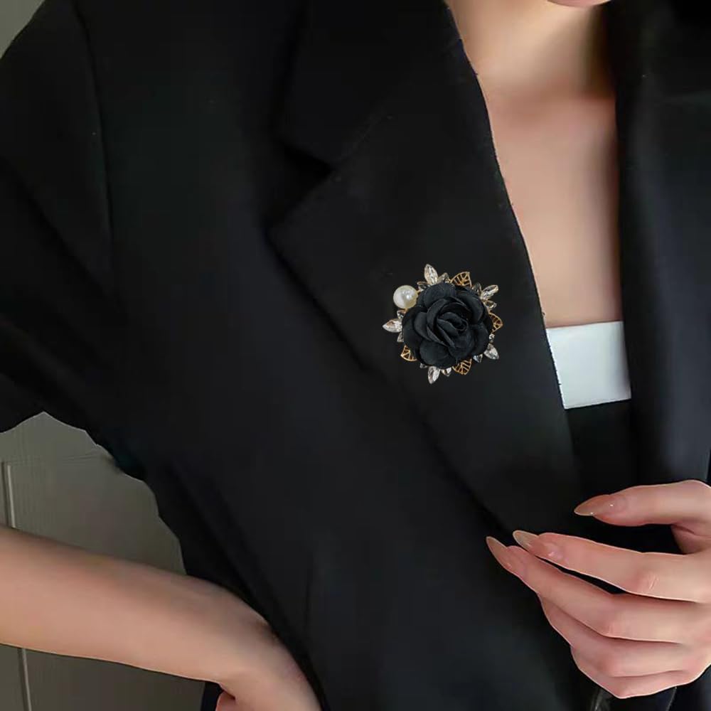Elegant Rose Flower Brooch Pin for Women Men Wedding Party Gentleman's Essentials Handmade Imitation Crystal Pearl Fabric Flower Lapel Pin Dress Suit Accessories Boutonniere Ideas Gift (Black)