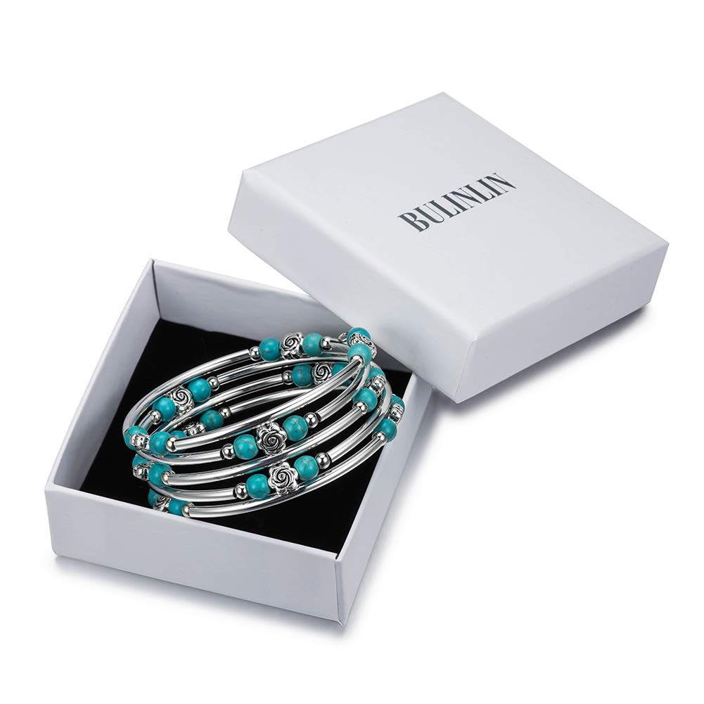 BULINLIN Wrap Bangle Rose Bead Bracelet - Beaded Bracelet with Natural Agate Stone Gifts For Women(01-Turquoise)
