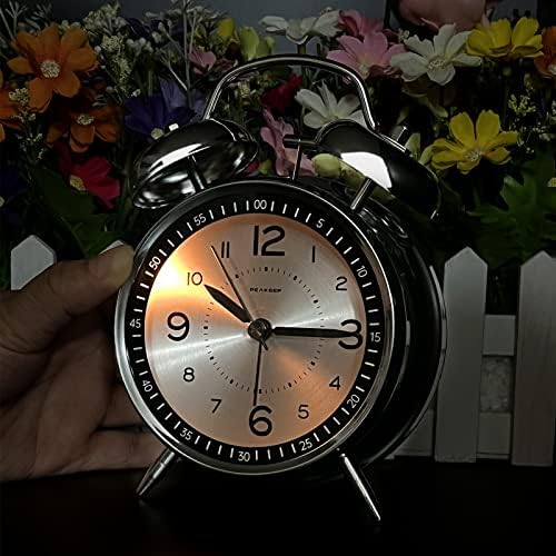 Peakeep Loud Alarm Clock for Heavy Sleepers Adults, Metal 4.5 Inches | Twin Bell Battery Operated Analog Alarm Clocks for Bedrooms Kids' Room Decoration (Metal Silver)