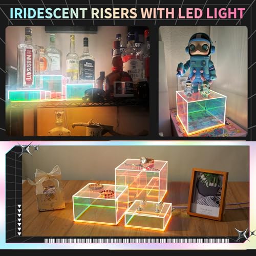 3Pcs Iridescent Acrylic Display Risers with LED light Plug and Play, Lighted Stackable Acrylic Cube Boxes Stand with Hollow Bottom for Figures Jewelry Perfume Purse Liquor Food Buffet Riser - color: Iridescent-LED light-3pcs