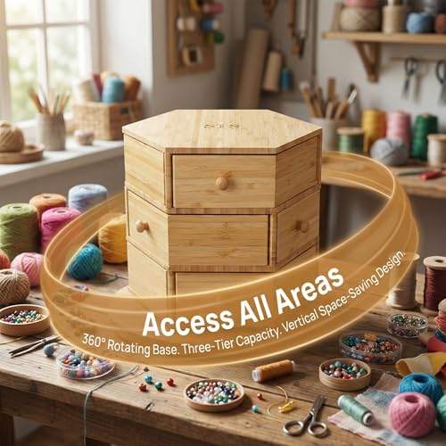 360° Rotatable Bamboo Desktop Organizer, Large Capacity Cosmetic & Jewelry Storage for Makeup Serum, Diamond, Easy Setup No Assembly (4-Tier 12-Drawers)