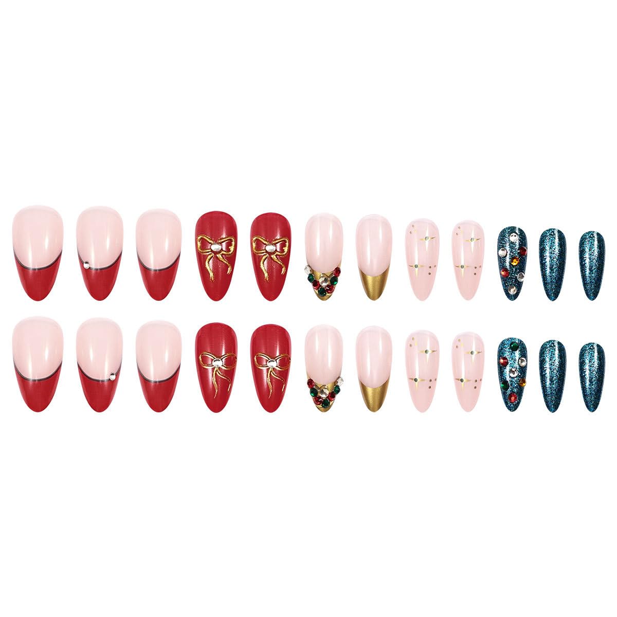 plalely Almond Press on False Nails Long Christmas Press on False Nails Sparkly Xmas Glitter with 3D Charm Christmas Stick on Nail Tips for Women 24pcs