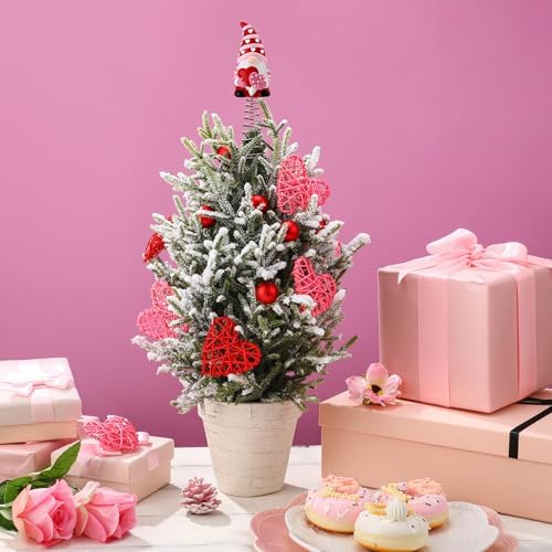 Gejoy Valentines Day Gnome Miniature Tree Topper, 5.1 Inches Mini Resin Gnome Valentine Tree Decorations for Wedding Party Supplies, Pink Valentines Table Centerpiece, Home Decor