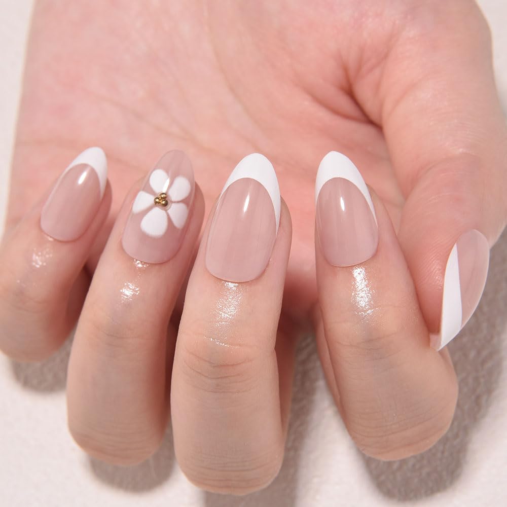 evpct French Tip Press On Nails Short Almond No Glue, Nude Wihte Tips & 3D Flowers, Glossy Short Almond Fake False Press on Nails, Soft Stick on nail Press ons with Nail Kit, Reusable Salon-quality