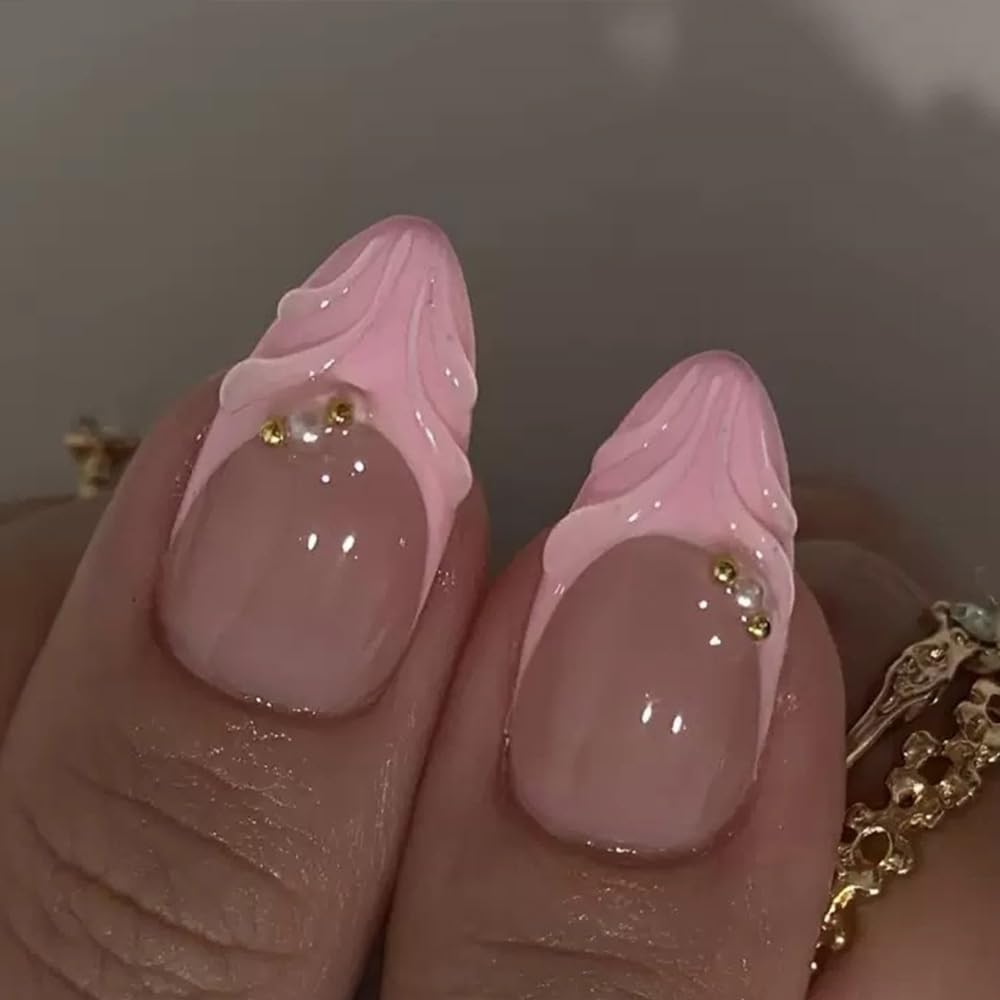 FJSMTOPl Flower Press on Nails Pink Fake Nails Mudium Almond False Nails Press ons with 3D Floral Design Stick on Nails Spring Handmade Acrylic Glue on Nails for Women Manicure 24Pcs
