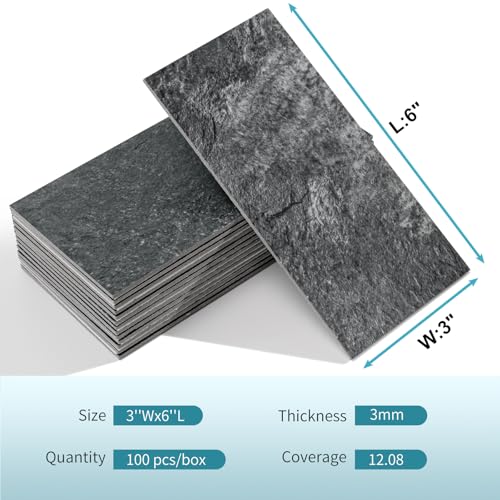 Vamos Tile 100 Pieces Peel and Stick Backsplash Tiles, 3" x 6" PVC Subway Tile, Black Slate Stick on Backsplash Tiles for Kitchen/Bathroom/Fireplace/Laundry/Camper - color: Black Slate