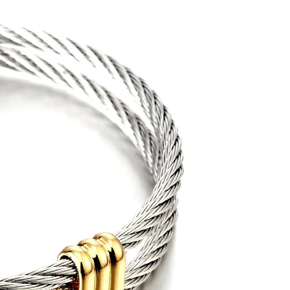 COOLSTEELANDBEYOND Two-Tone Twisted Cable Cuff Bracelet for Men Women, 316L Stainless Steel Silver Gold Bangle, Adjustable 7"–8.7" Wrist, Hypoallergenic, Comes in Gift Box