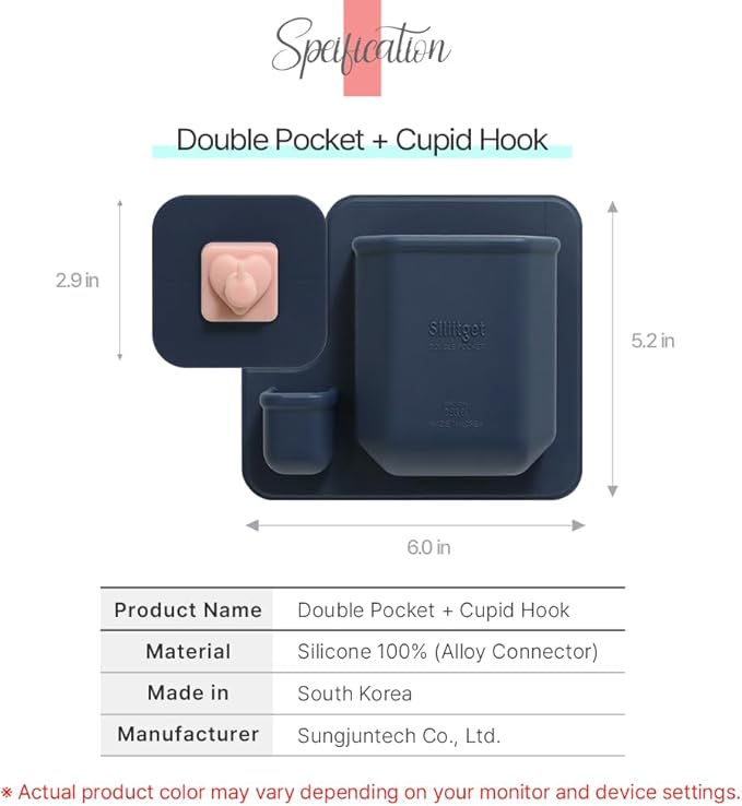 Silicone Wall Mounted Organizer - Made in Korea, BPA Free - Storage with Hook - Bathroom and Living Room, Remote Control & Shower Caddy (Cupid(Navy), Poket Holder(Navy))