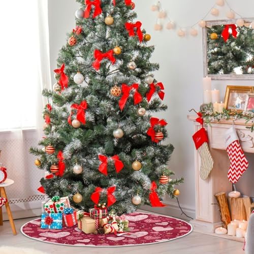ValentineTree Skirt 48" Foral Romantic Hearts Love Christmas Tree Skirts Large Mother's Xmas Mat for HoliFestival Party Wedding Decor