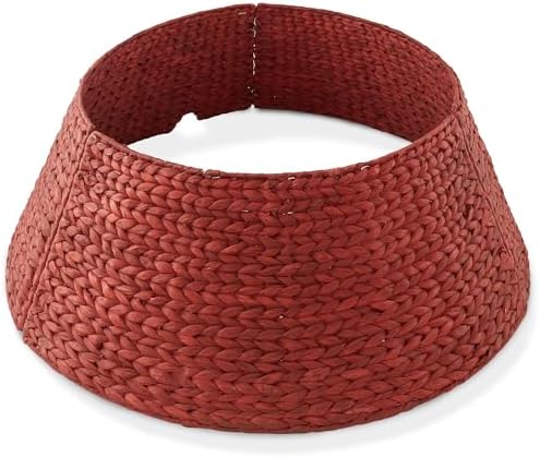 Casafield 32-Inch Christmas Tree Collar, Woven Water Hyacinth Tree Base Cover with Cord Cut Out, Red